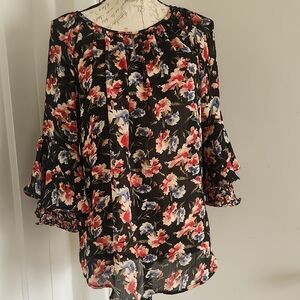 Chaps Black Floral Blouse with Red and Blue Accents